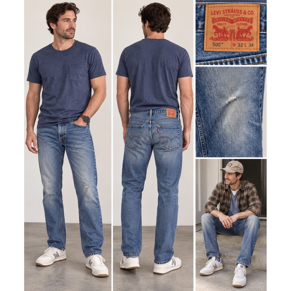 Levis 505 Regular Fit Straight Leg Blue Denim Jeans Mens W32 L34 Medium Wash